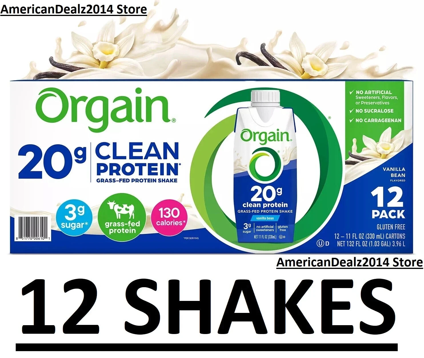 Orgain 20g Clean Protein Grass-Fed Protein Shake, Vanilla Bean 11 fl. oz., 12 pk