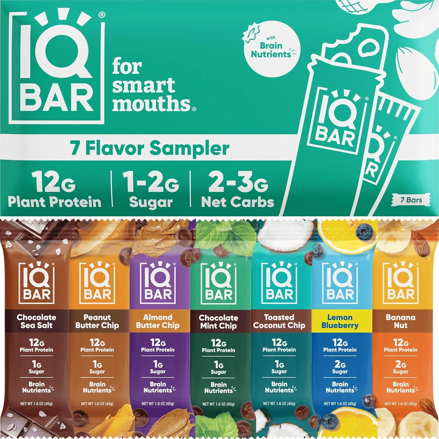 Brain and Body Plant Protein Bars - 7 Bar Sampler Pack - Gluten Free, High Fiber