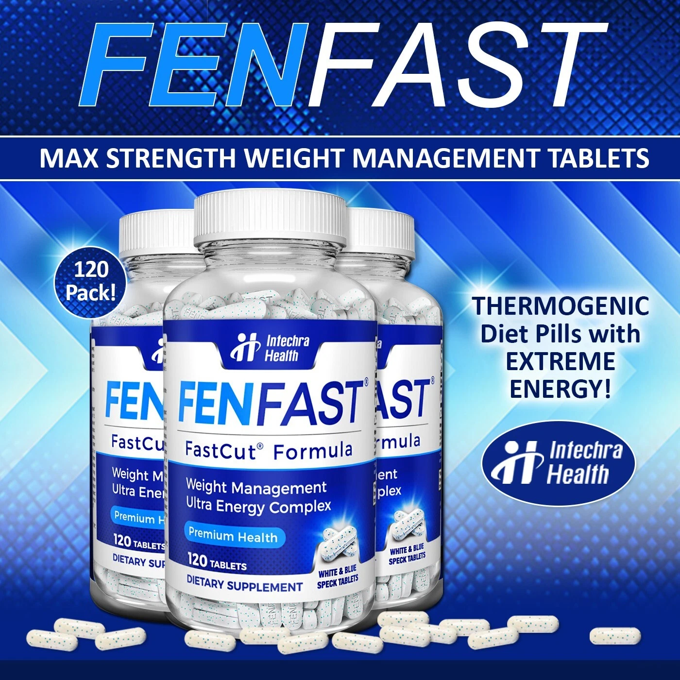 FENFAST 3 Bottle VALUE Pack! Weight Loss Diet Energy Pills - White/Blue Tablets