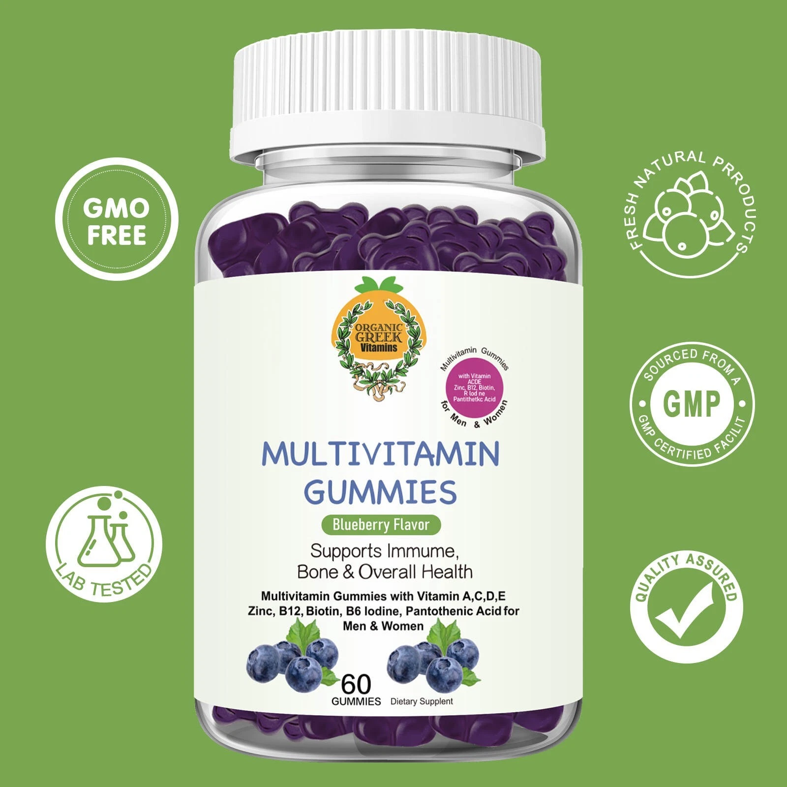 Blueberry Organic Greek® Multivitamin Vitamin A, C, D, E, Zinc, B12, Biotin more