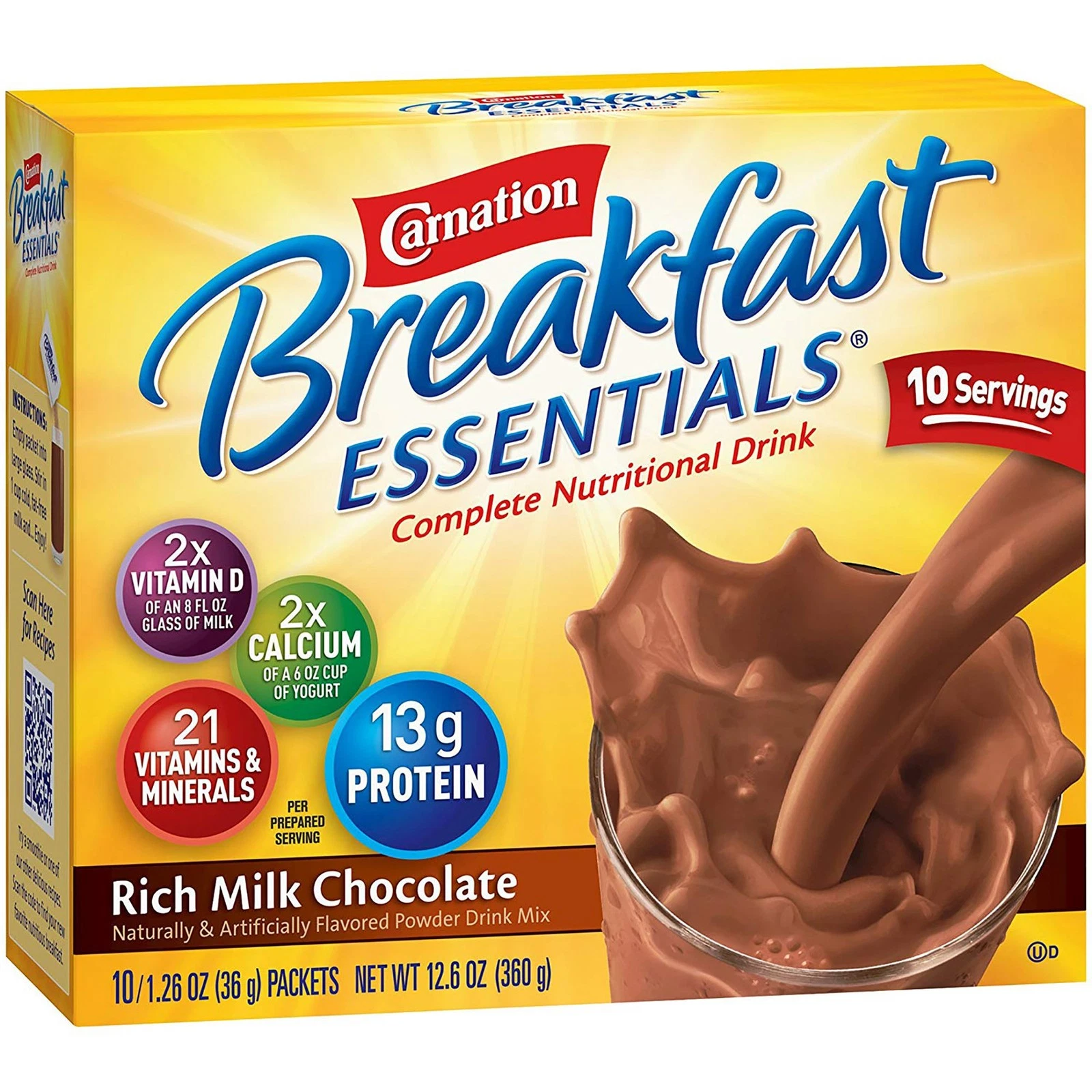 Nestle Carnation Breakfast Essentials Complete Nutritional Drink Chocolate 10 Ct