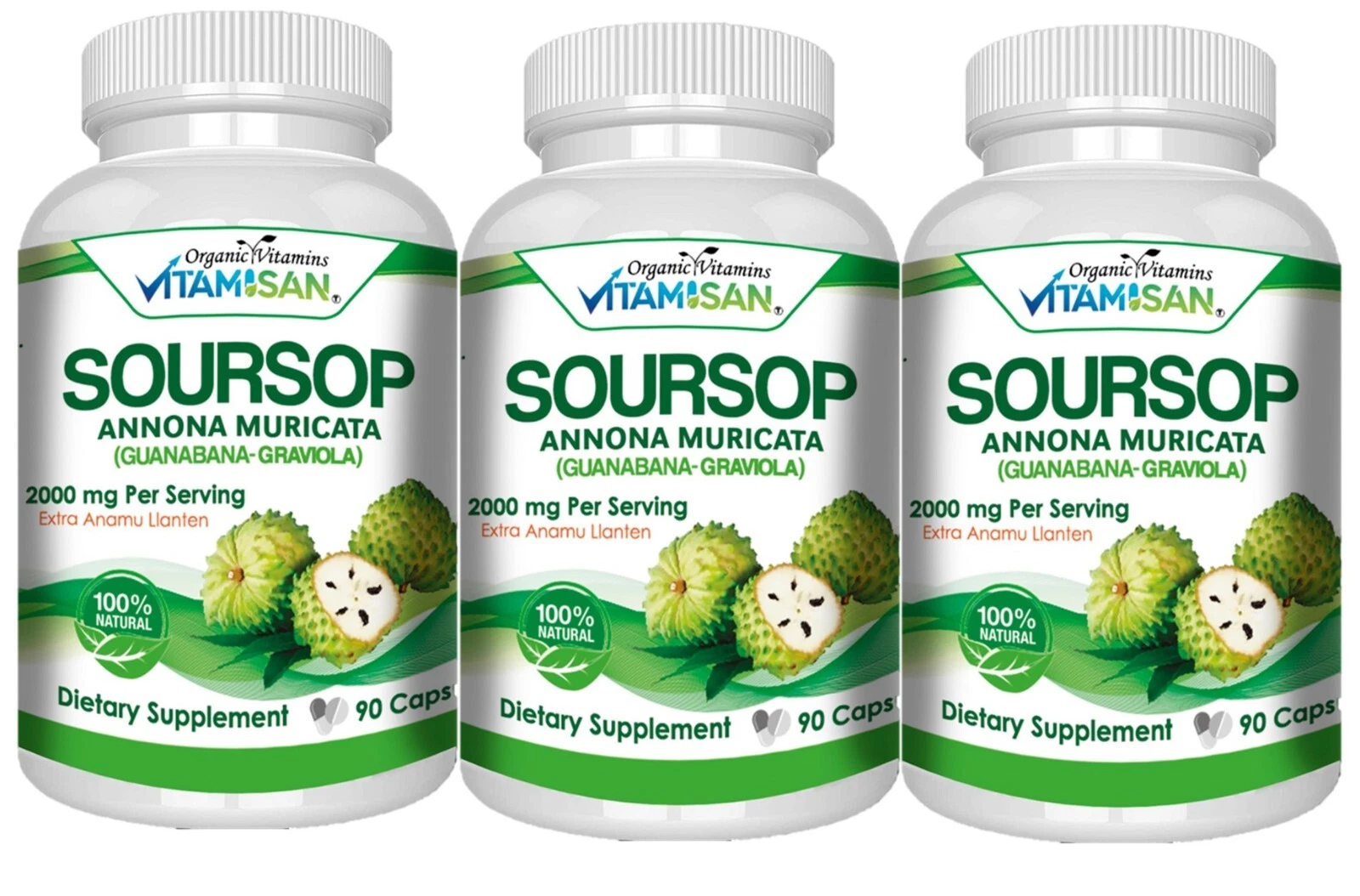 GRAVIOLA SOURSOP 2000 MG 3 BOTTLES PURE PER SERVING BOOSTER 270 CAPSULES ANNONA