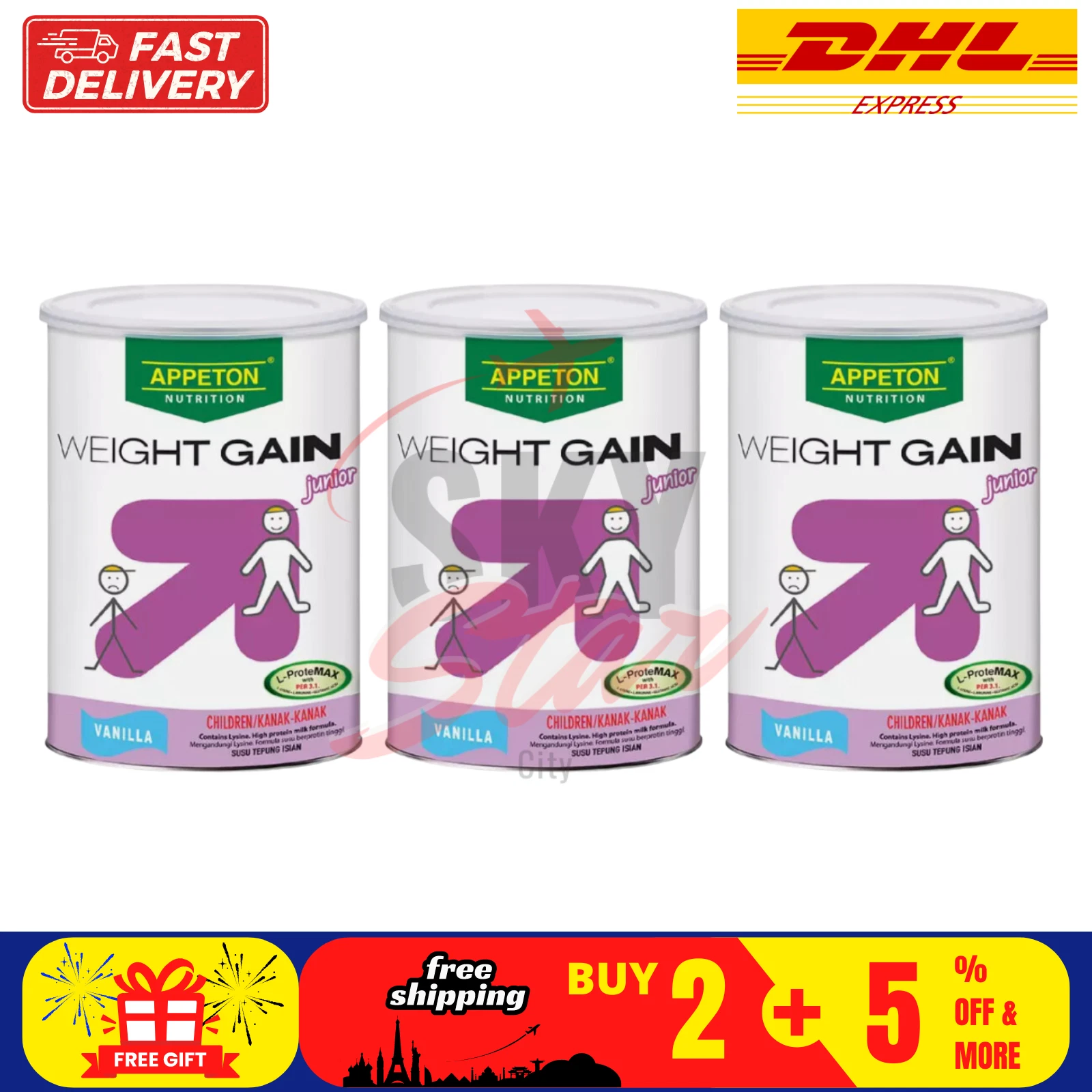 3 Tins APPETON Weight Gain Junior Vanilla With L-ProteMAX 450g DHL EXPRESS