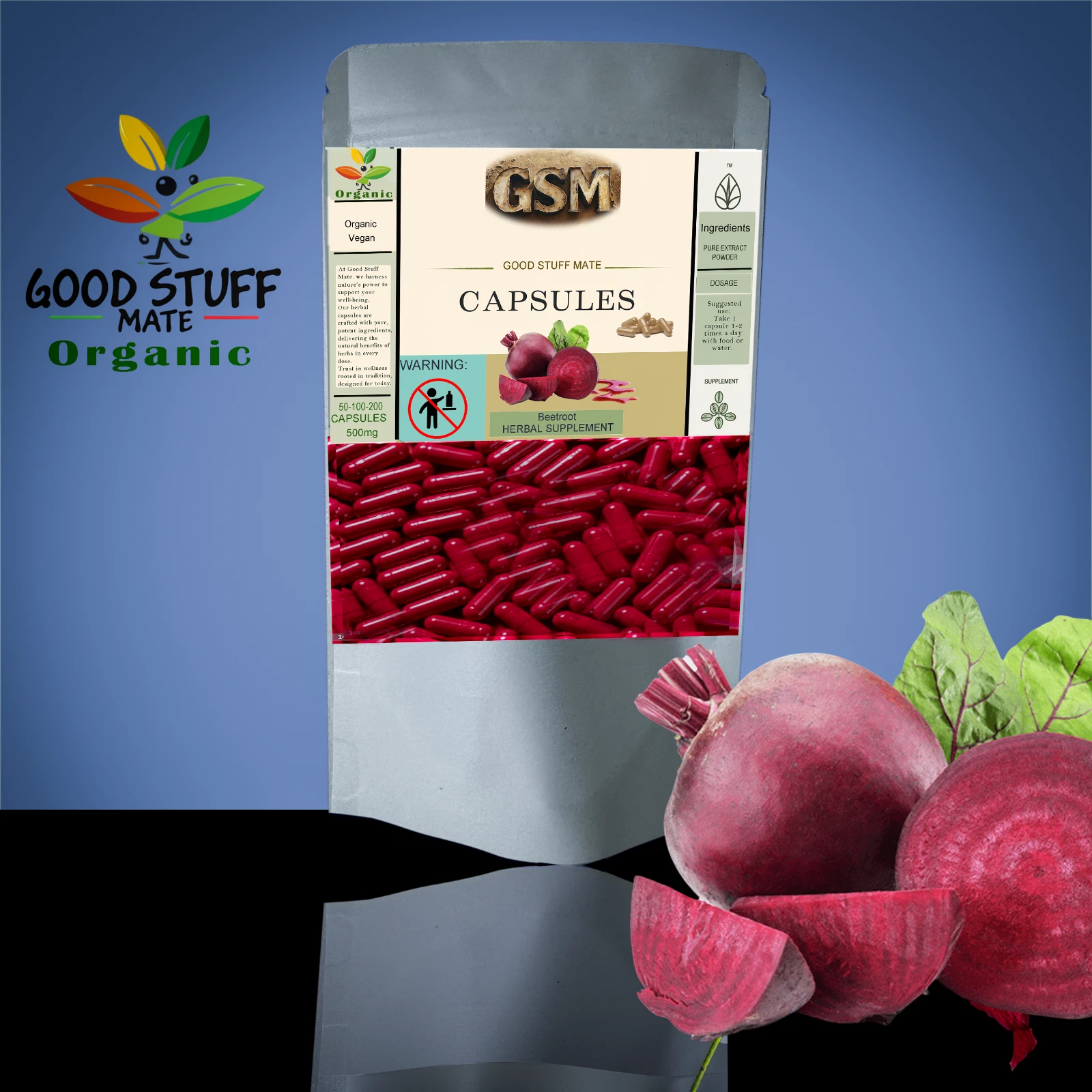 Beetroot Capsules ORGANIC Extract Vegan NO FILLERS 500mg 100% Pure 50 100 200