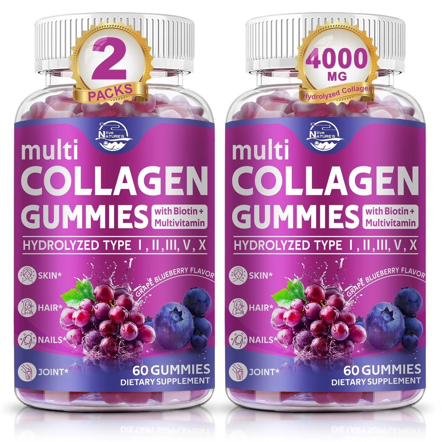 Nature's live Multi Collagen Peptides Gummies, Type I, II, III, V, X - Hydrolyze