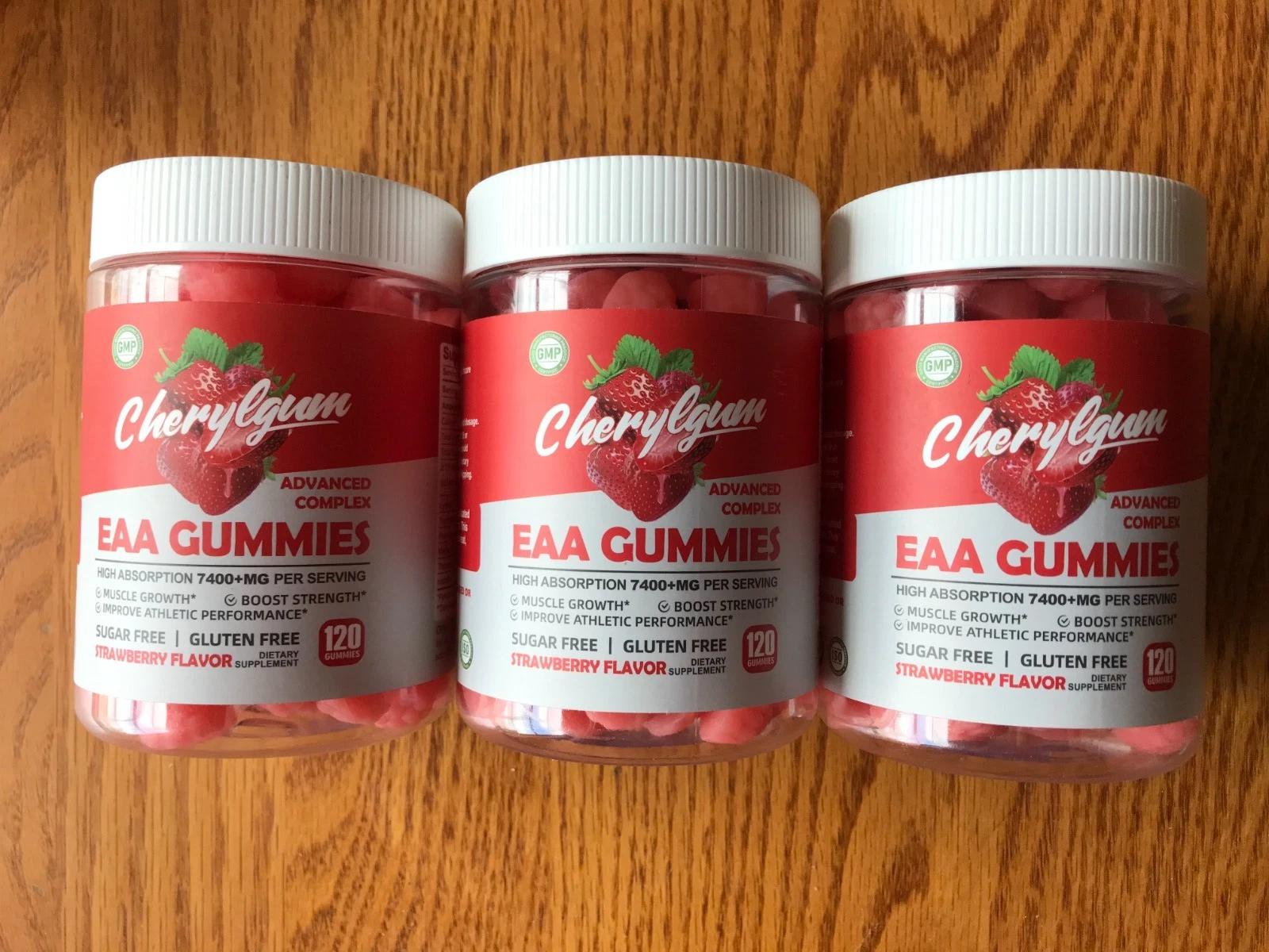 lot of 3 120-count jars cherylgum advanced complex vegan eaa gummies strawberry