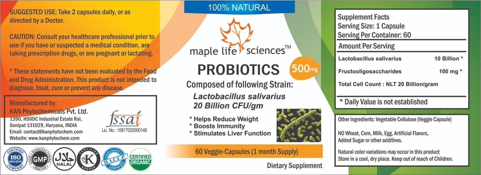 Probiotic blend of Lactobacillus salivarius 20 Billion CFU/GRAM Capsules 24