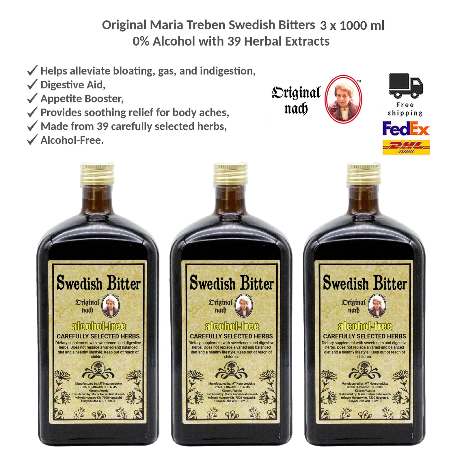 Maria Treben Swedish Bitters 1000ml 0% Alcohol with 39 Herbal Extracts 3x1000ml