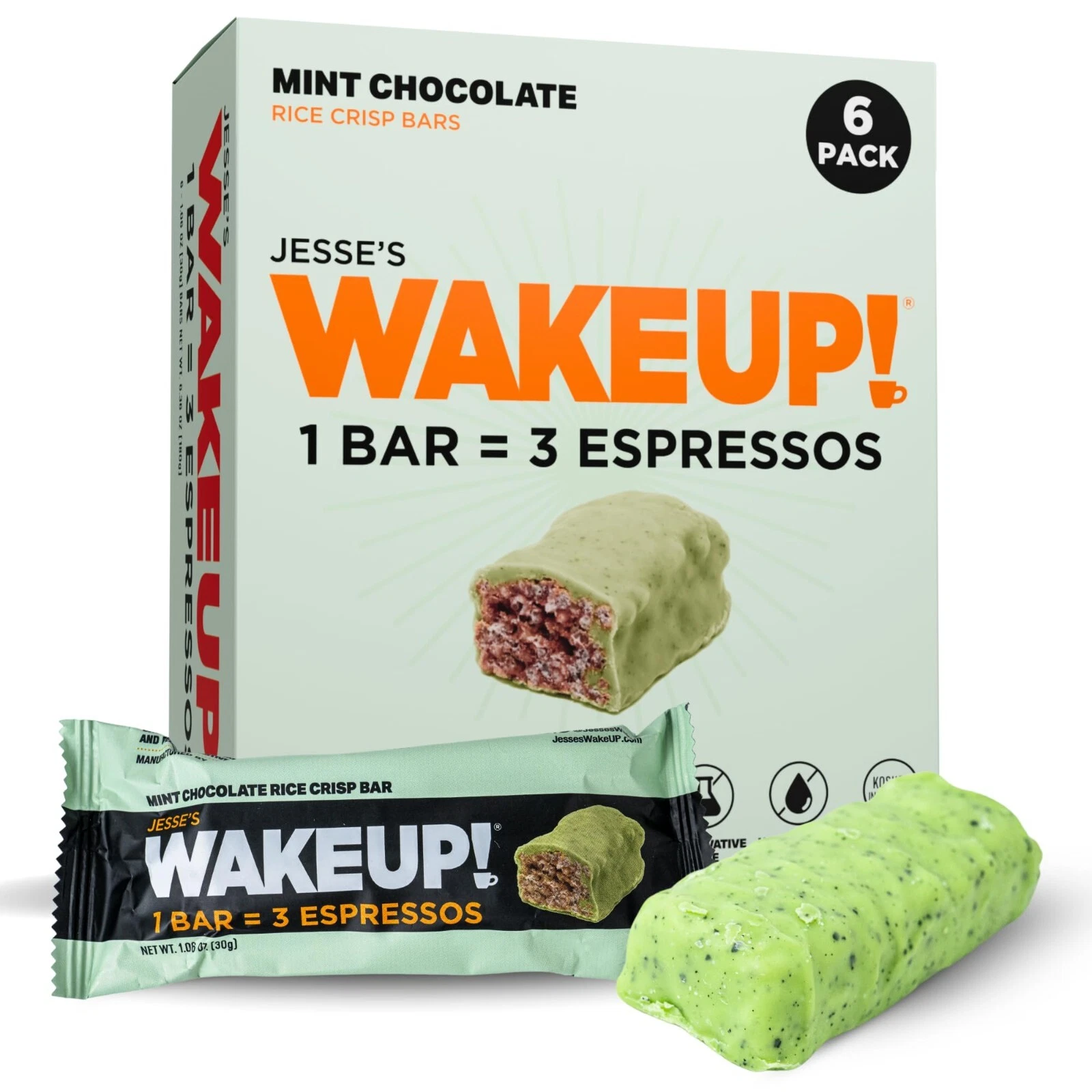 WAKE UP! Mint Chocolate Caffeinated Protein Bars 6pk – 350mg Energy Boost