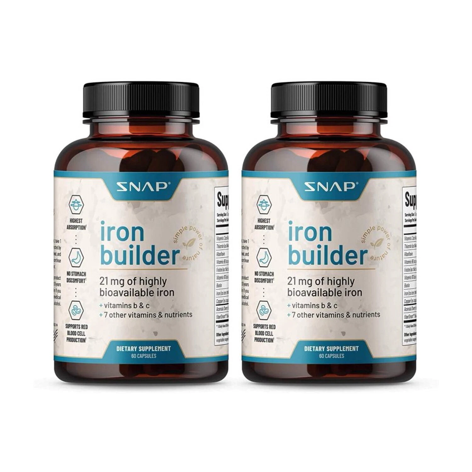Iron Builder Natural 21mg Absorbs Quick Increase Energy Snap Supplements - 2pk