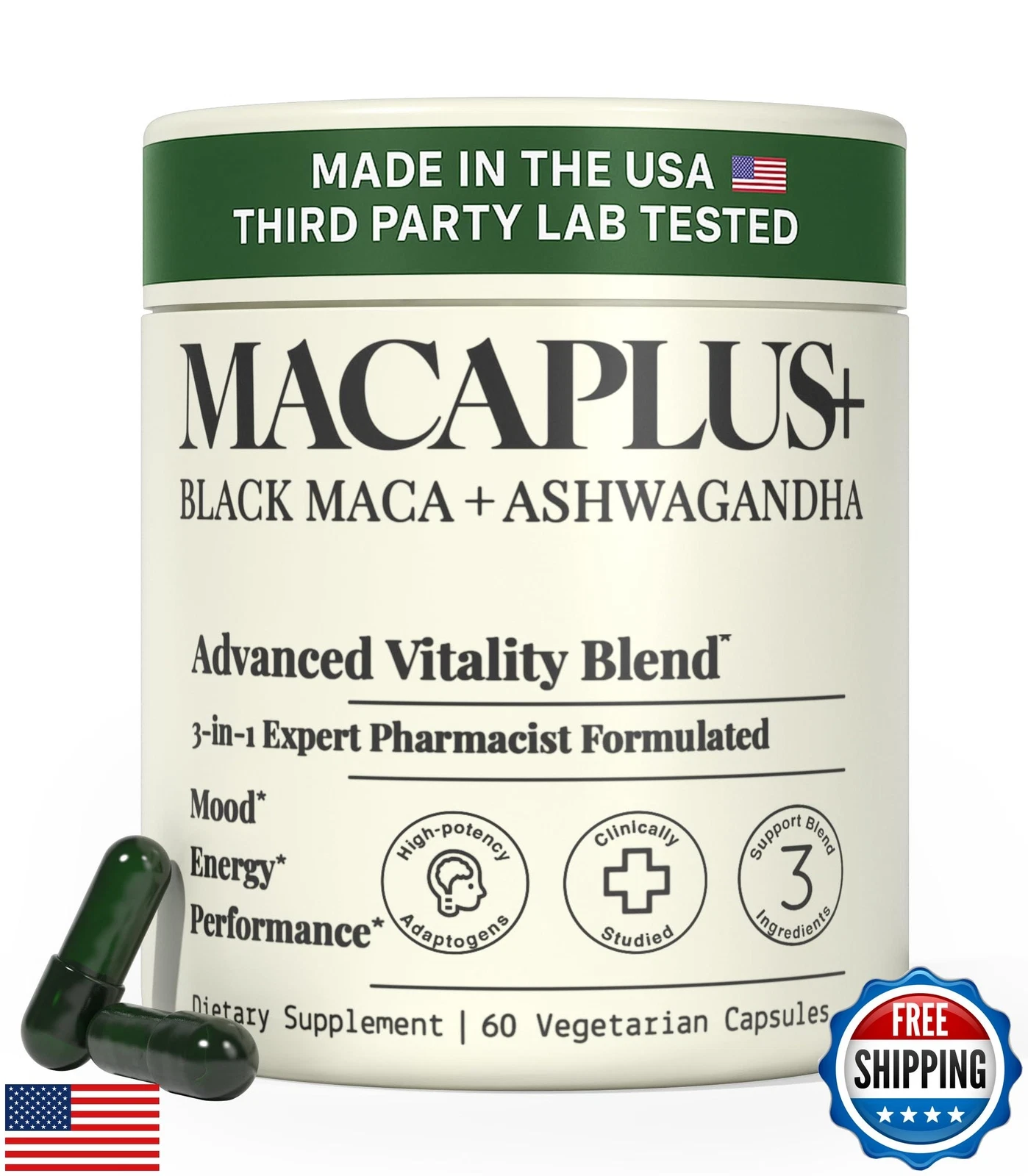 MACAPLUS+ 40,000mg 40x Strength Organic Black Maca Root + Ashwagandha + Fenug