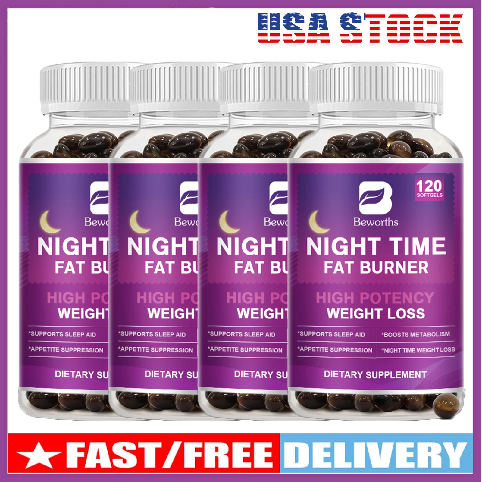 4*120 Night Time Fat Burner Pills Weight Loss Metabolism Booster Detox Cleanse
