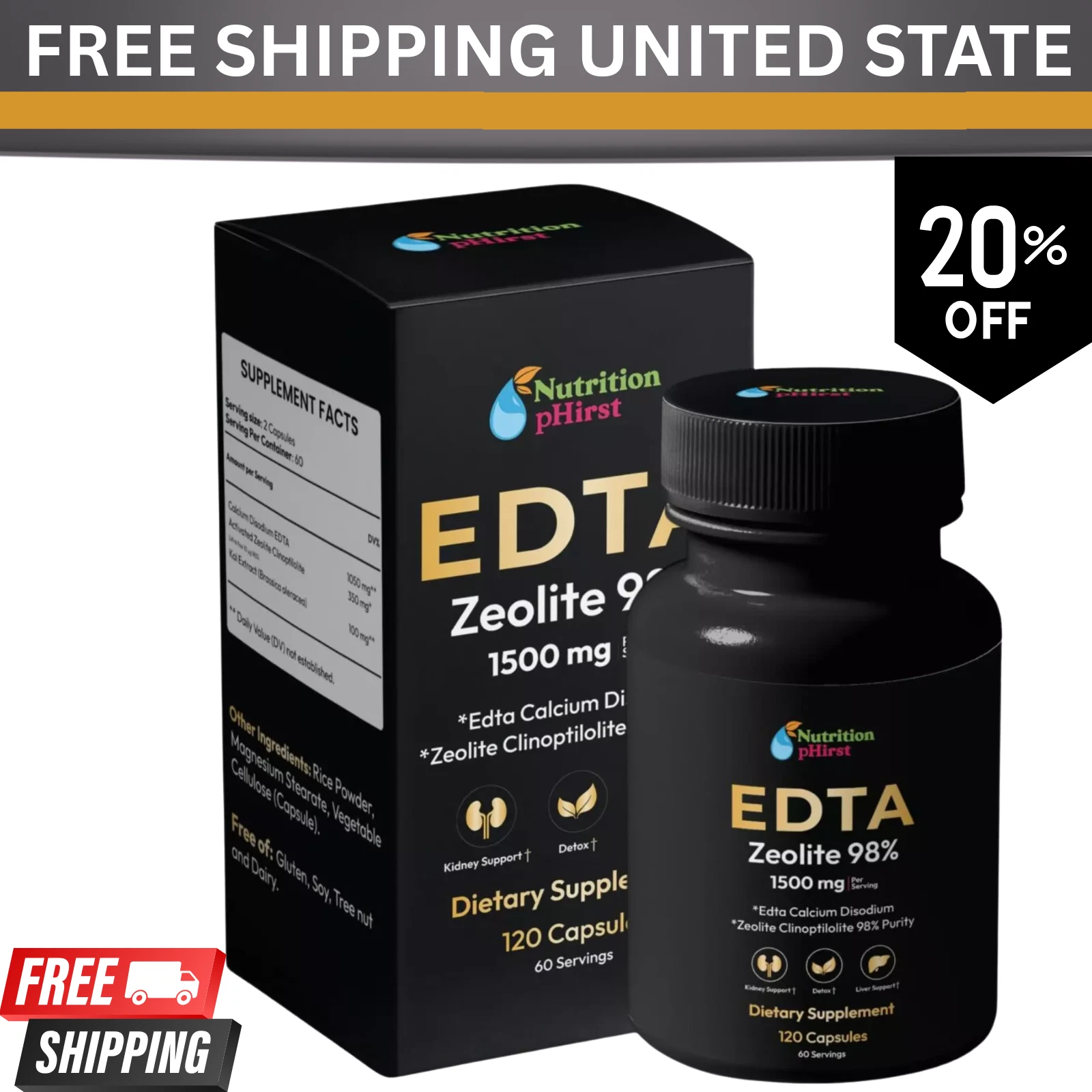 Nutrition pHirst EDTA 1500mg Liver Support Edta Calcium Disodium 120 capsule USA