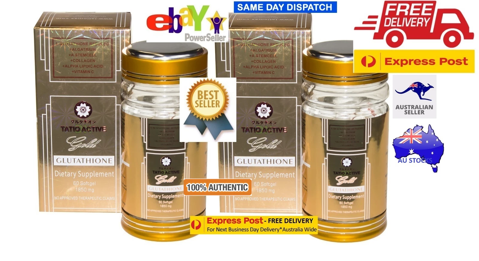 2x TATIO ACTIVE GOLD 1850mg L-GLUTATHIONE SKIN WHITENING CAPSULES - AU Seller