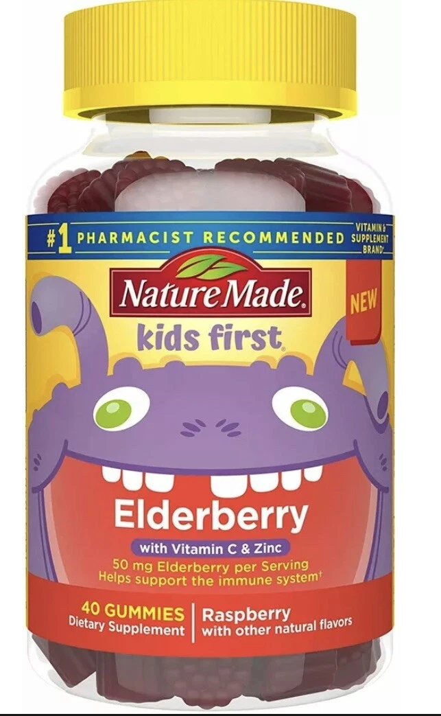 Nature Made Kids Elderberry Vitamins, Raspberry Flavor, 40 Gummies
