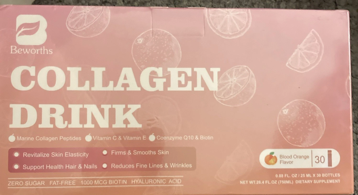 Beworths Collagen Marine Peptides Liquid Drink Blood Orange Zero Sugar 30ct 5/26