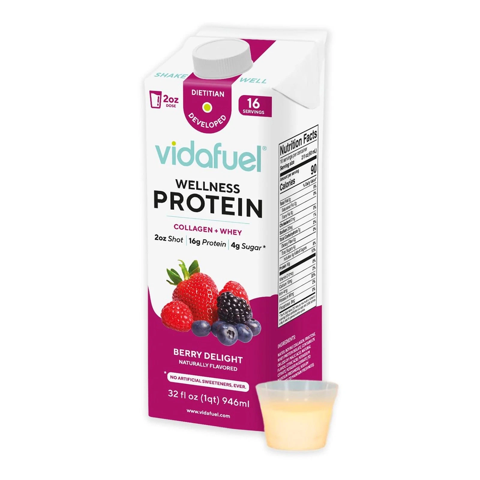 2 Pack Vidafuel Wellness Protein Drink Berry Delight 2oz Shot 32oz Carton