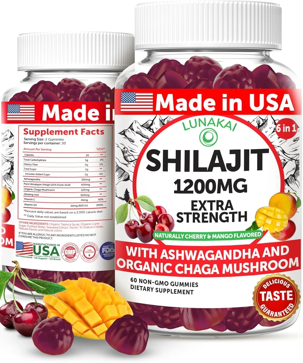 Pure Organic Shilajit Gummies 1200mg with Ashwagandha, Chaga, Vitamin C D3 60ct