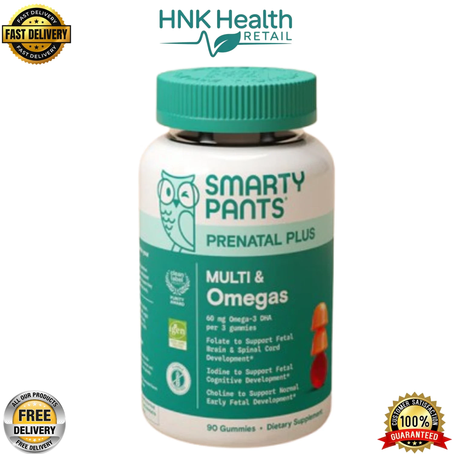 SmartyPants Prenatal Plus Multi & Omegas, Omega-3s, Folate, D3 – 90 Gummies