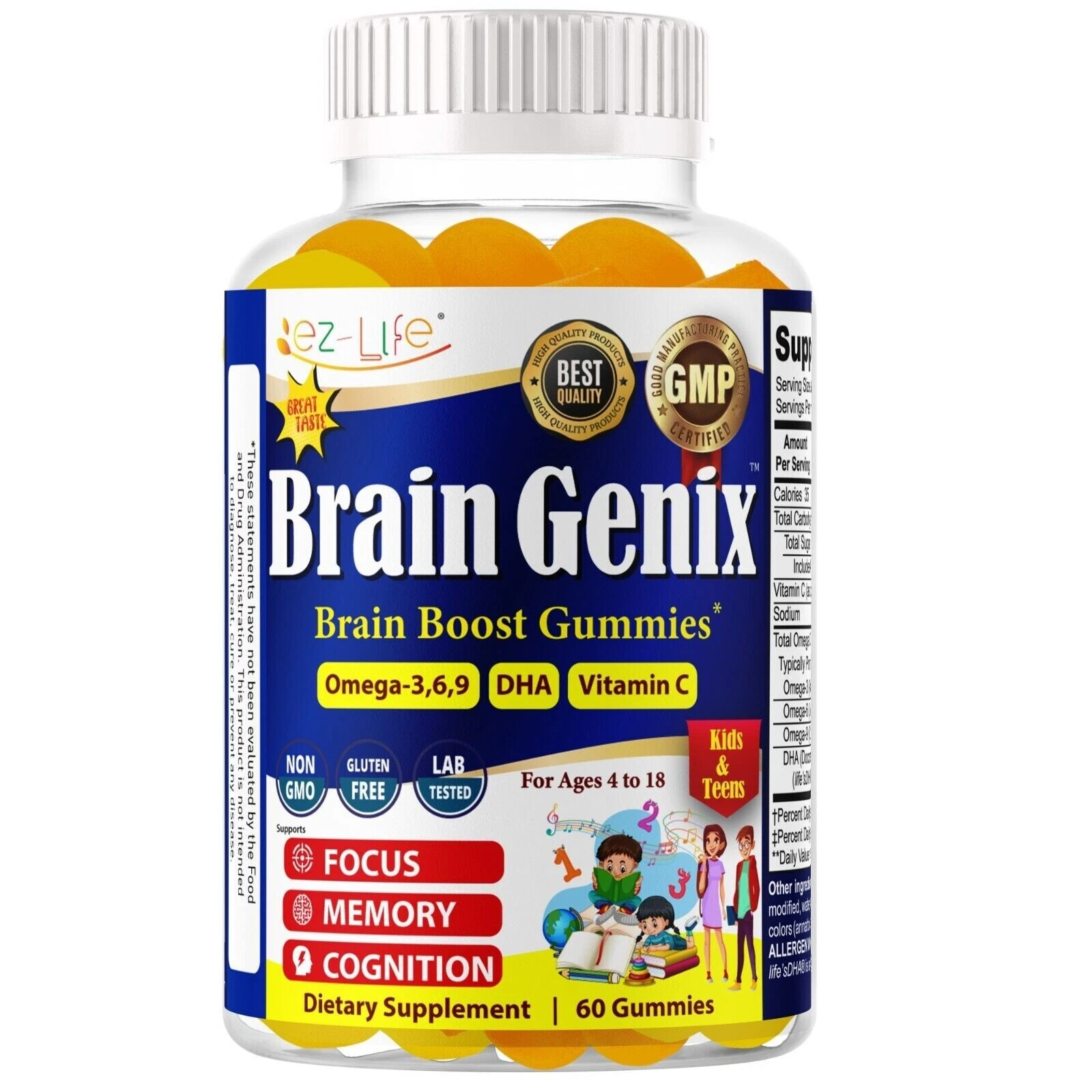 Brain Booster Memory Supplement Focus Gummies for Kids & Teens, Omega 3 & DHA 60
