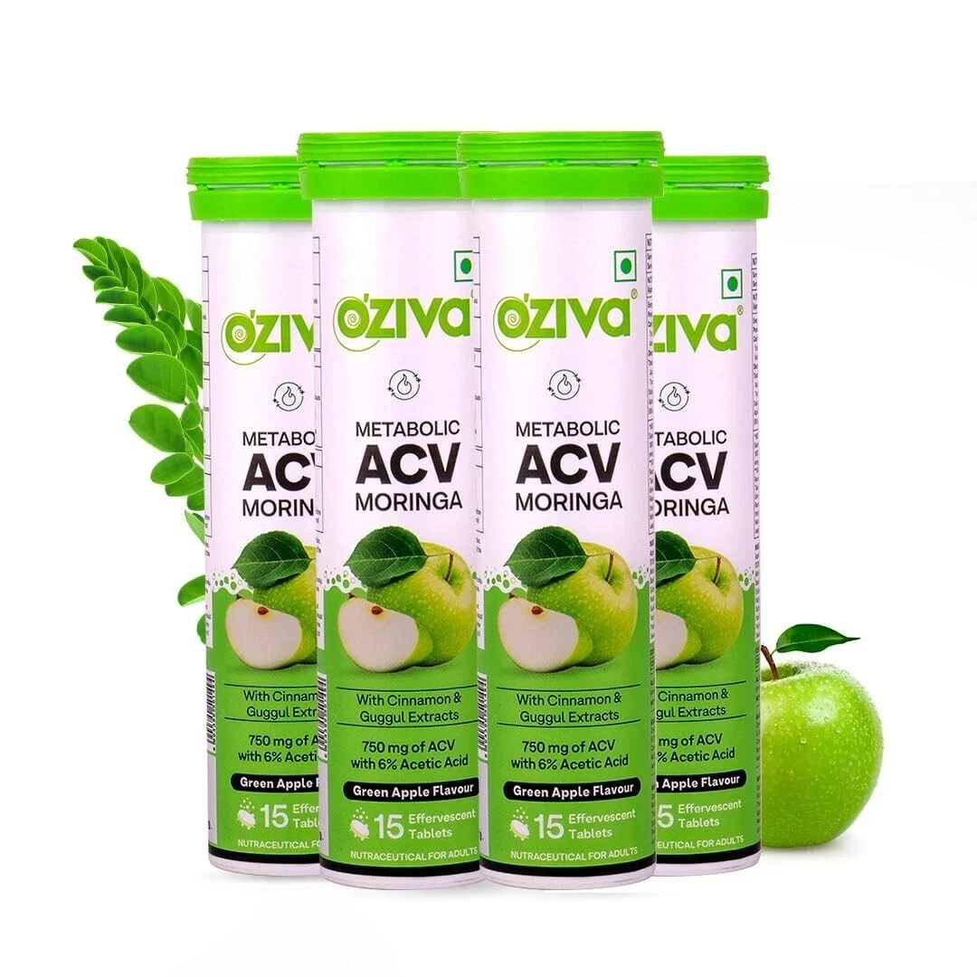 OZiva ACV Moringa 15 Effervescent Tablets -Green Apple , Pack of 4 (60 Tablets)