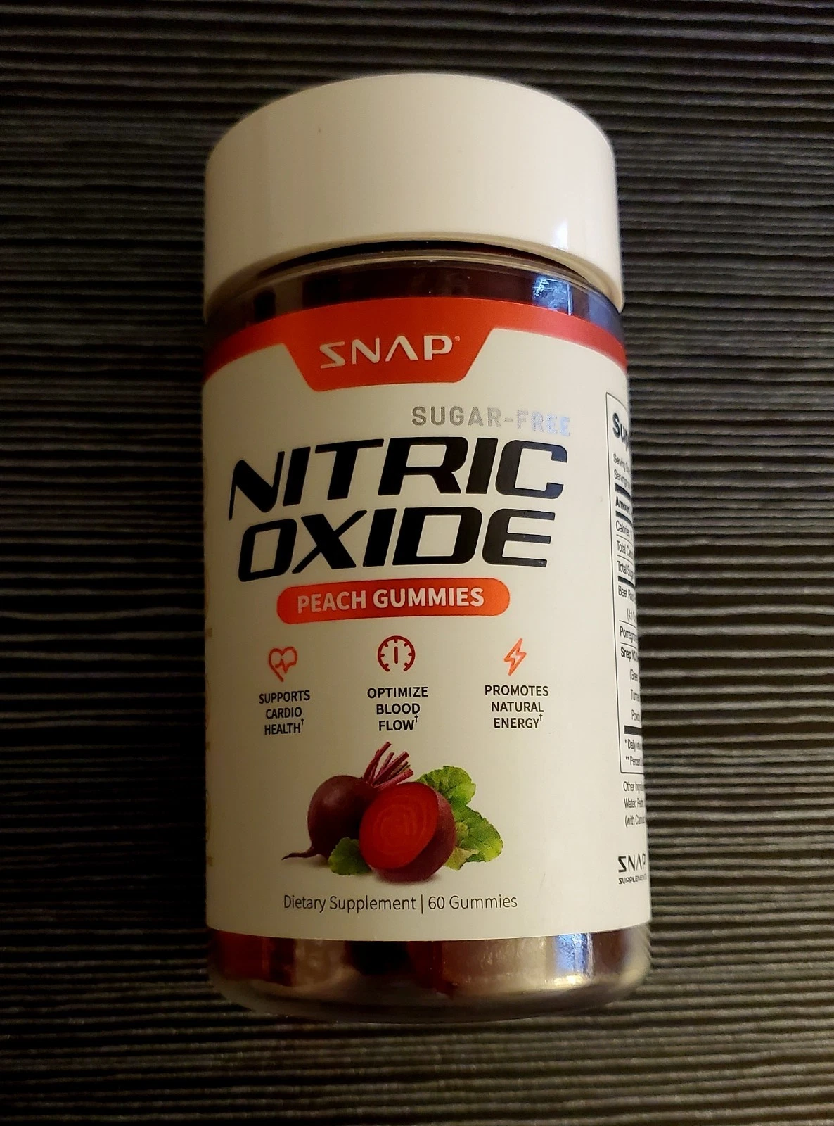 Snap Supplements Nitric Oxide Beet Root 60 Peach Gummies Sugar Free Heart Health