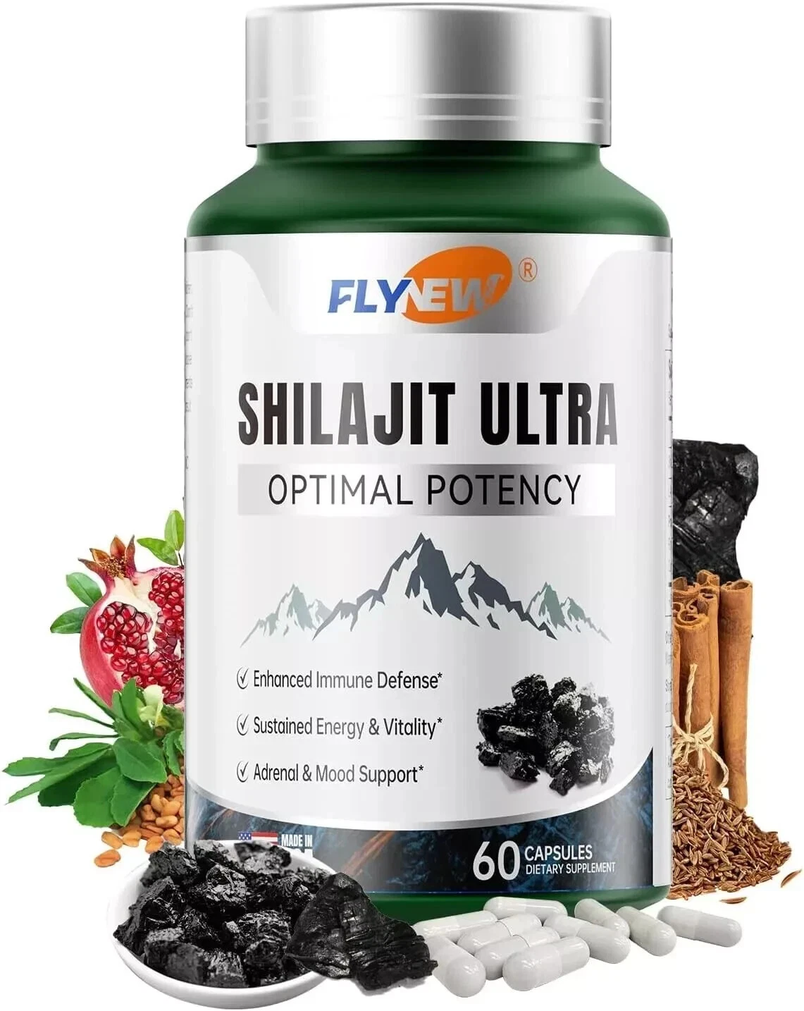 Flynew Shilajit Ultra Optimal Potency, Energy& Vitality, Shilajit L-arginine,