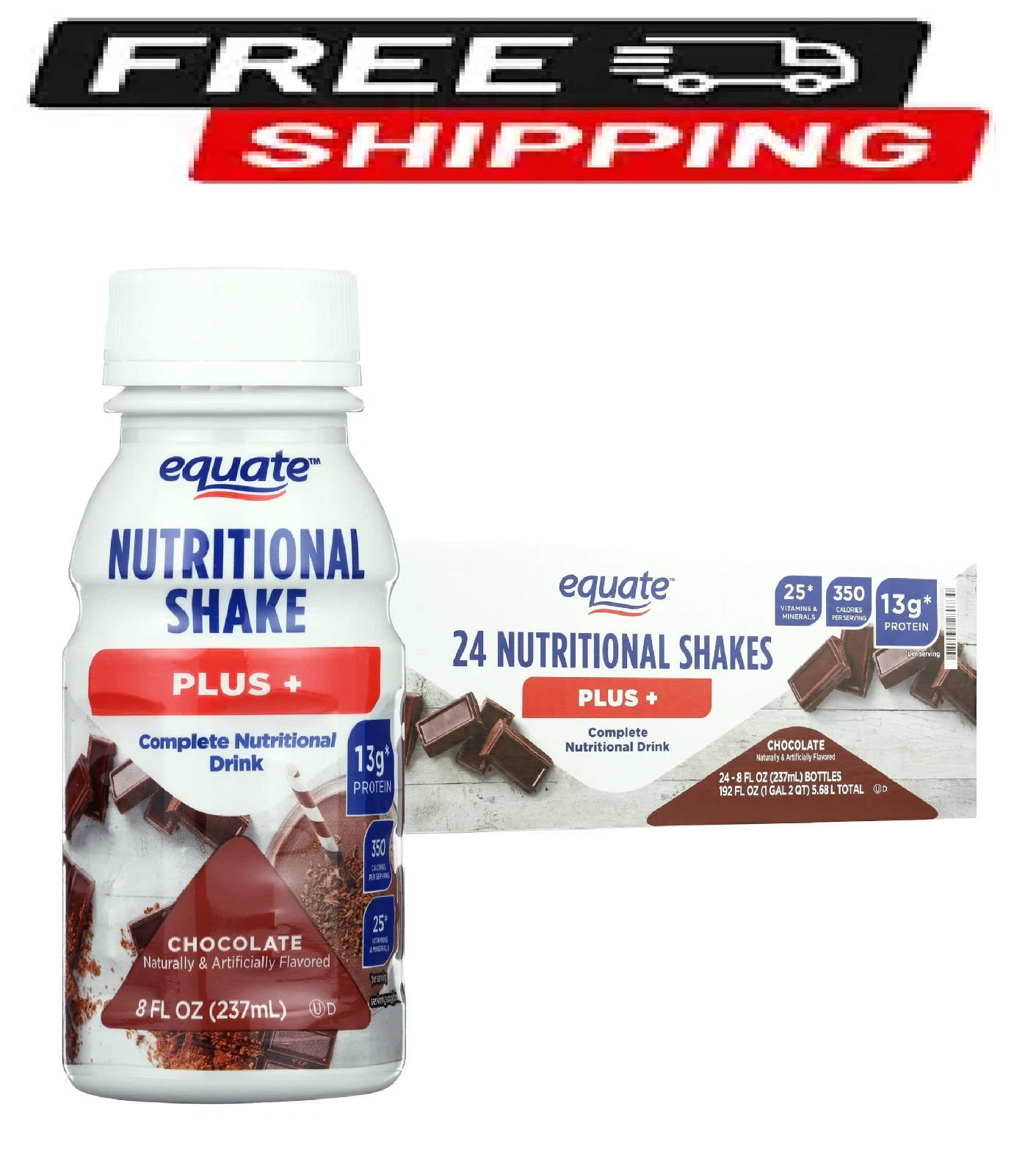 Equate Nutritional Shake Plus, Chocolate, 8 fl oz, 24 Count