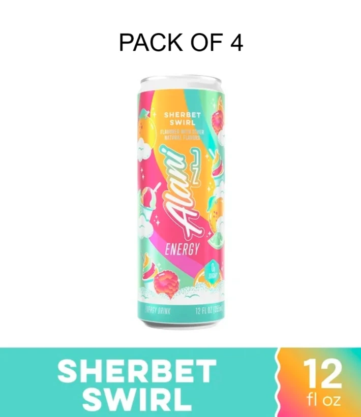 Alani Nu Energy Drink Sherbet Swirl Sugar Free, Low Calorie, 12 Fl oz 4 Pack
