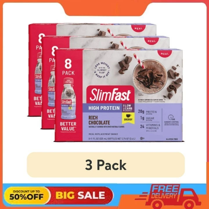(3 pack) SlimFast Meal Replacement Energy High Protein Shake, Rich Chocolate