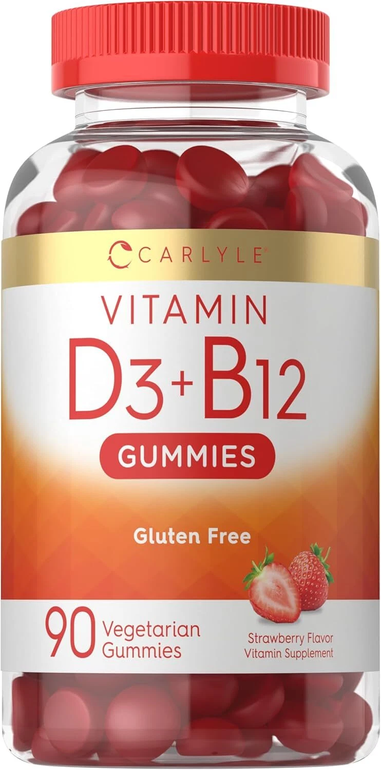 Vitamin D3 B12 Gummies | 90 Count | Vegetarian Strawberry Flavor | by Carlyle