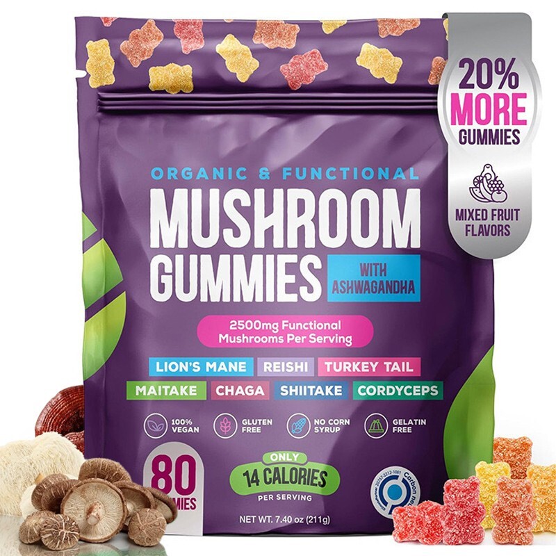 Natural Mushroom Supplement Gummies Ashwagandha Shiitake 80 Counts Fruit Flavor