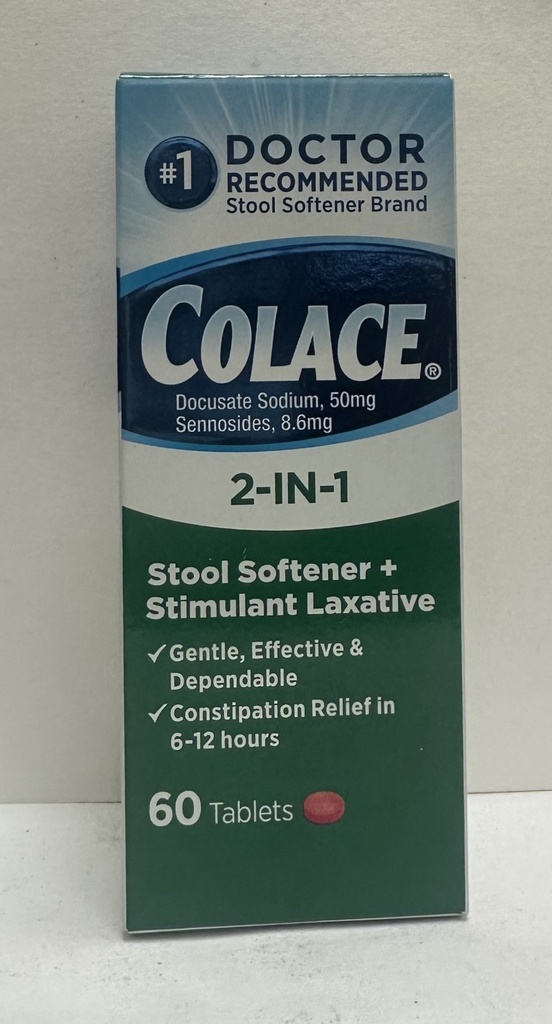 Colace 2-IN-a Stool Softener Stimulant Laxative 60 Tablets Exp 01/2026