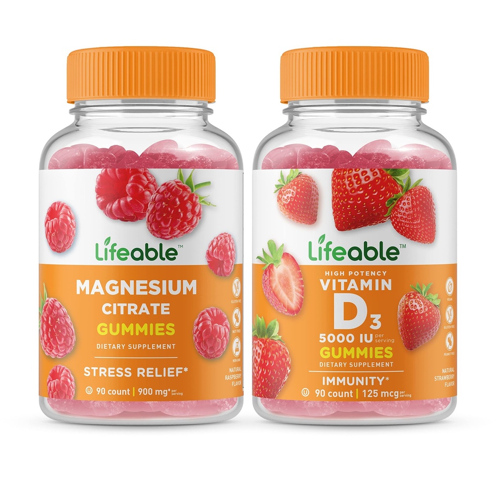 Lifeable Magnesium + Vitamin D 5000 IU, Gummies Bundle - Great Tasting, Vitamin