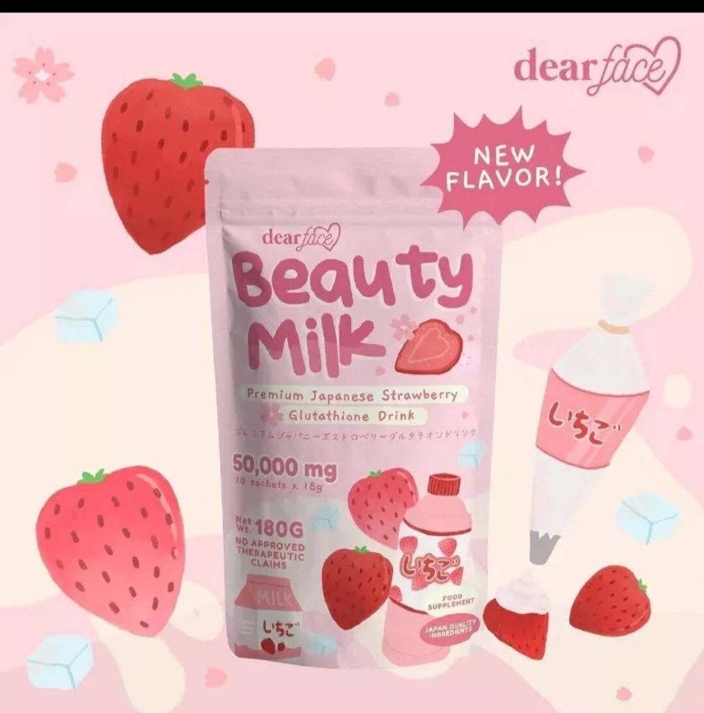 Dear Face Beauty Milk Japanese Collagen STRAWBERRY Drink, 10 Sachets X 18g