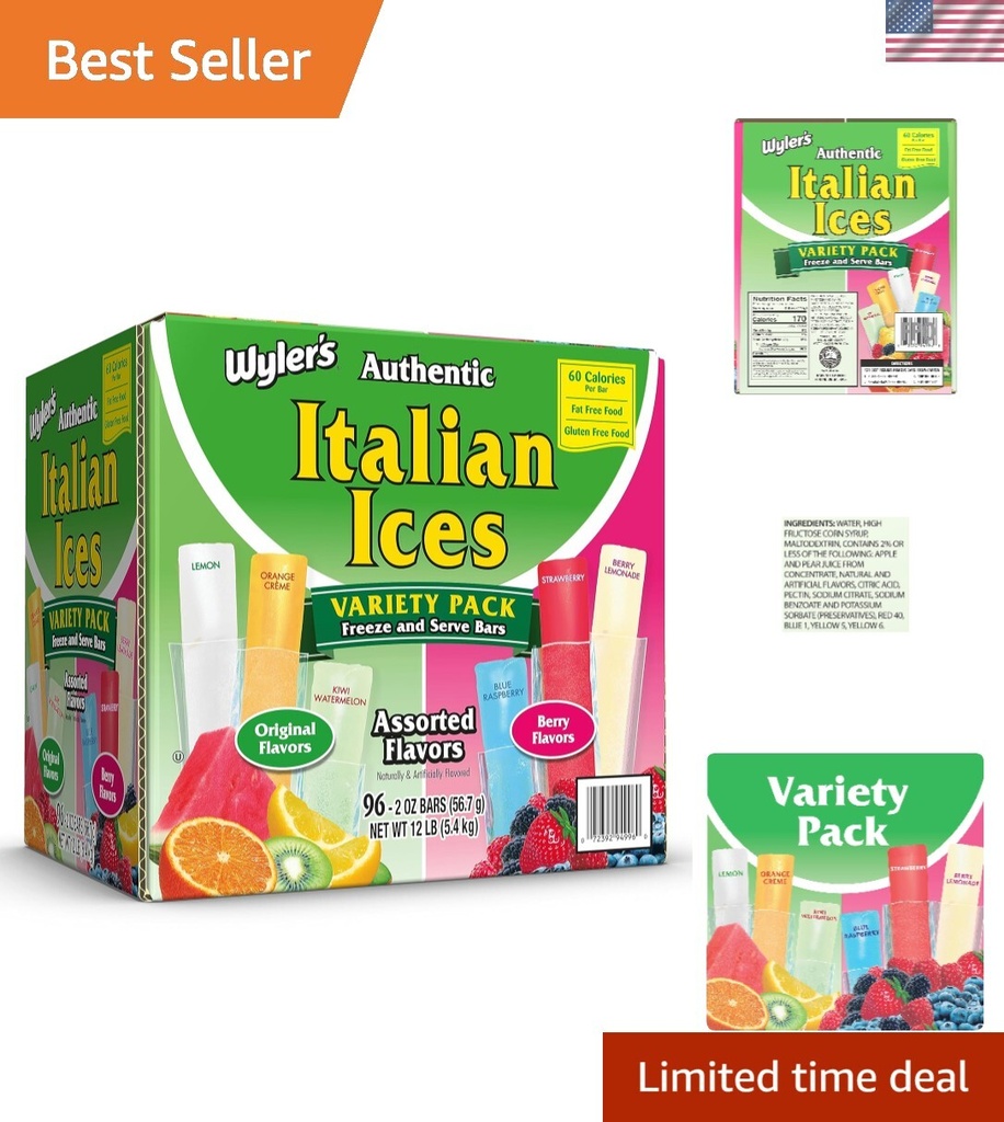 98 Count Authentic Italian Ice Bars - Guilt-Free Frozen Dessert, 4 Flavors