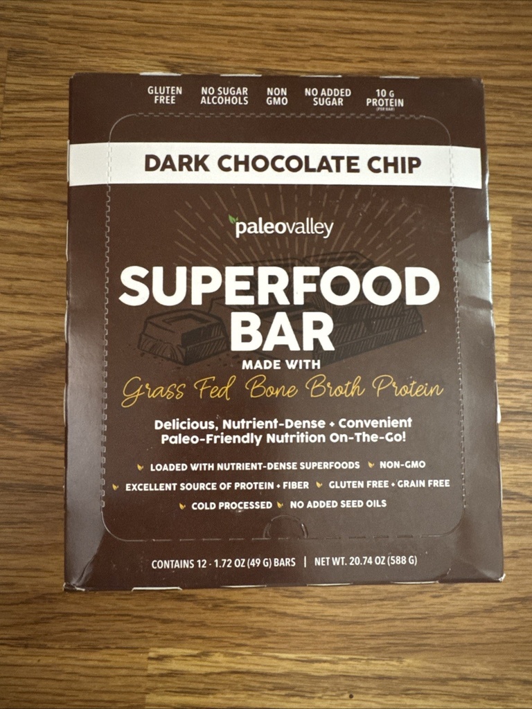 Paleovallye superfood bar dark chocolate chip 12 bars in box
