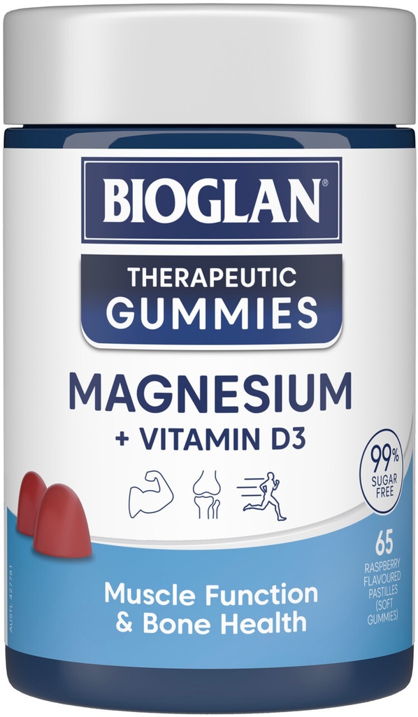 Bioglan Magnesium + Vitamin D3 65 Therapeutic Gummies x 3 Pack