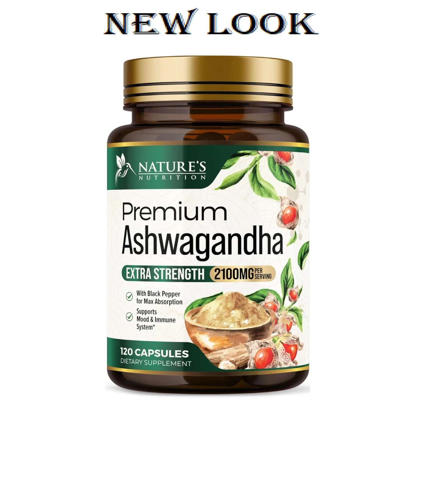Organic Ashwagandha 120 Capsules 1950mg Supplement w/ Black Pepper Root Powder