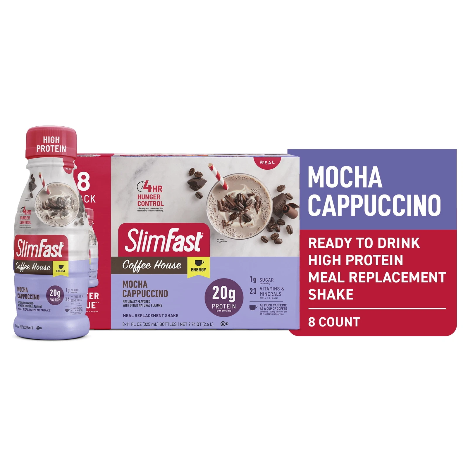 SlimFast Meal Replacement Energy High Protein Shake, Cappuccino,11 Fl Oz ,8 Pack