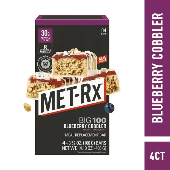 MET-Rx Big 100 Protein Bars, Blueberry Cobbler Meal Replacement Bars, 4 Ct...