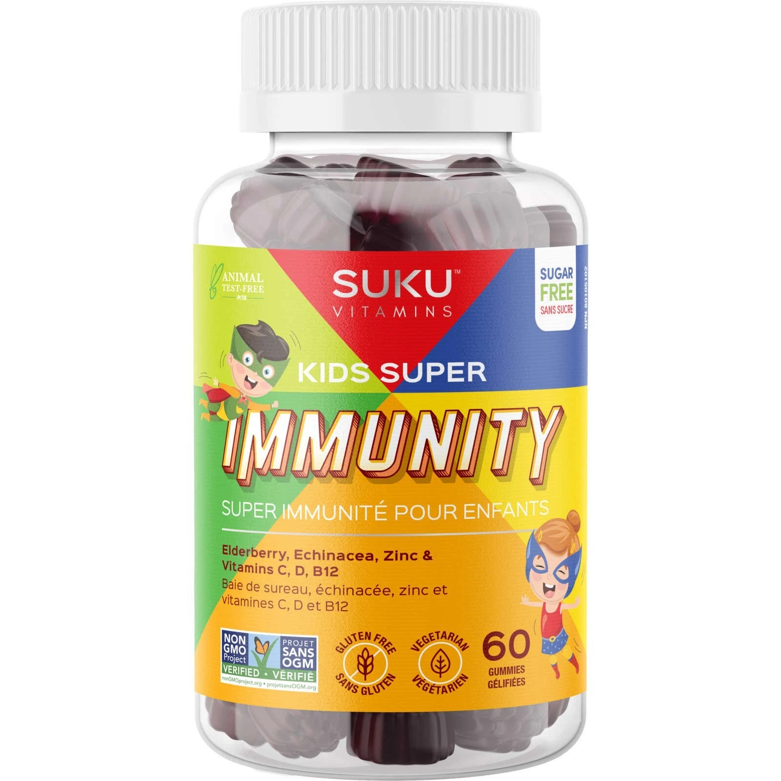 SUKU Super Kids Immunity Elderberry Zinc Vitamin C D B12 Natural 60 Gummies NEW