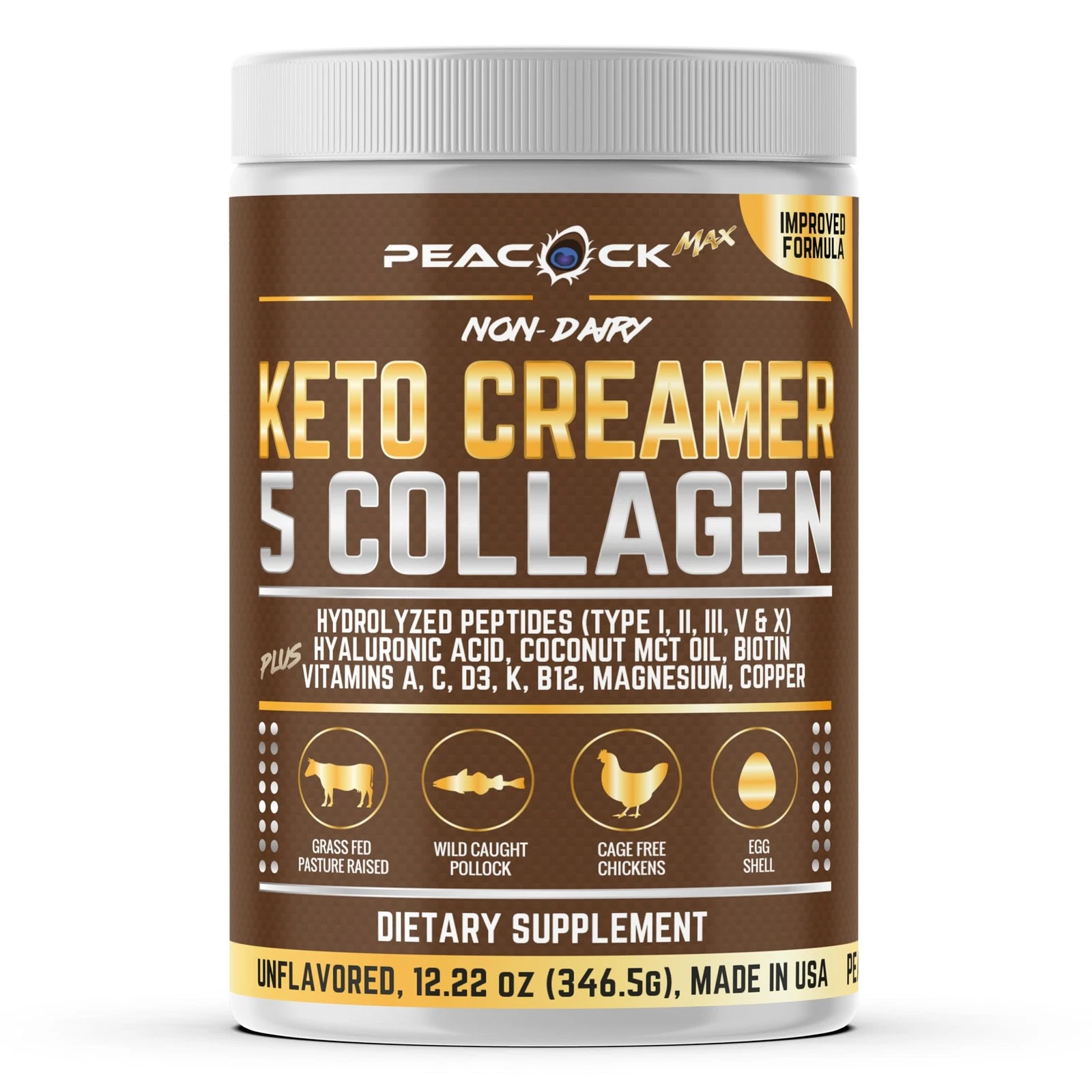 Peacock Max Collagen Keto Coffee Creamer Powder 12.2 oz - Hydrolyzed Collagen Pe