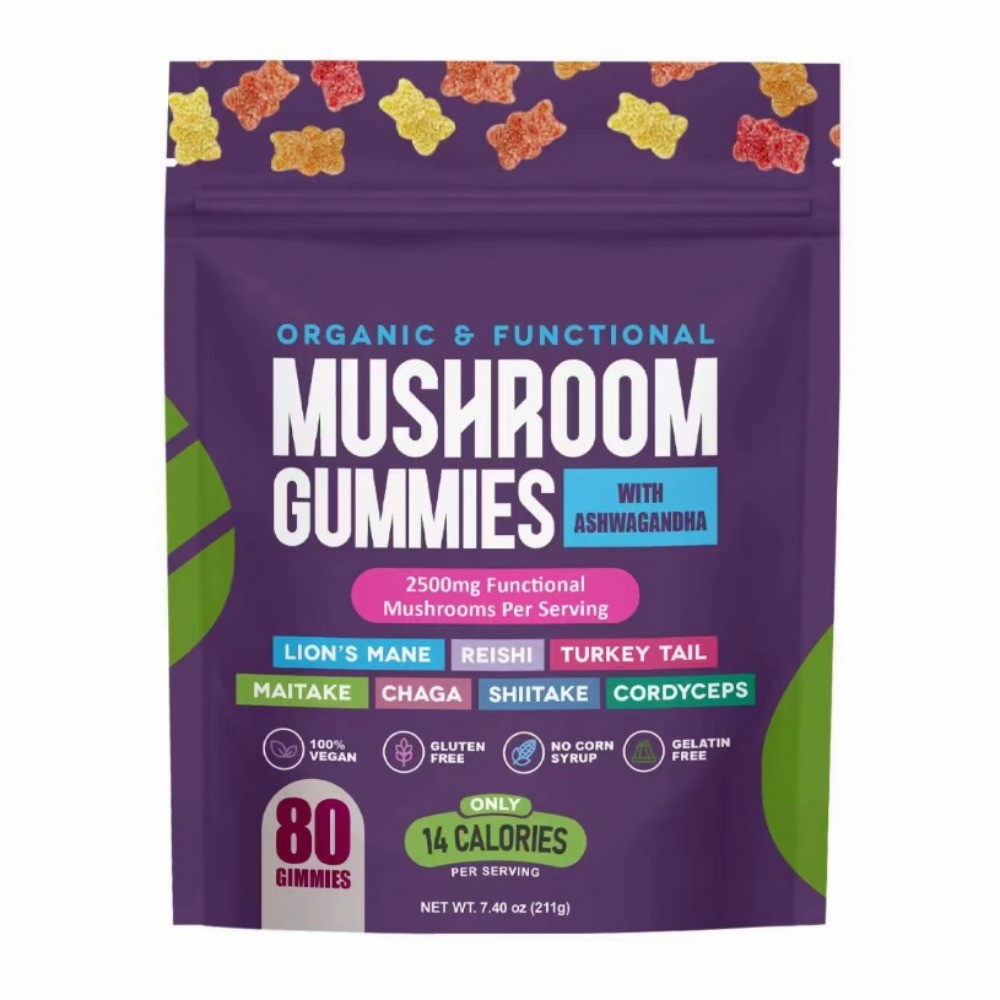 Natural Mushroom Supplement Gummies Ashwagandha Shiitake 80 Counts FruitFlavor