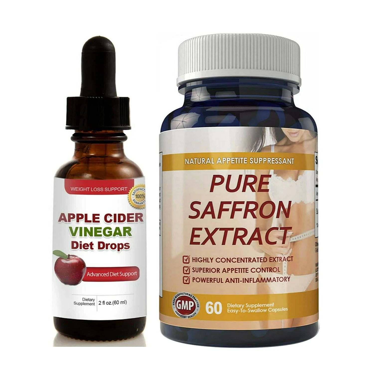 Apple Cider Vinegar Diet Drops Fat Burner Pure Saffron Weight Loss Capsules 2pk