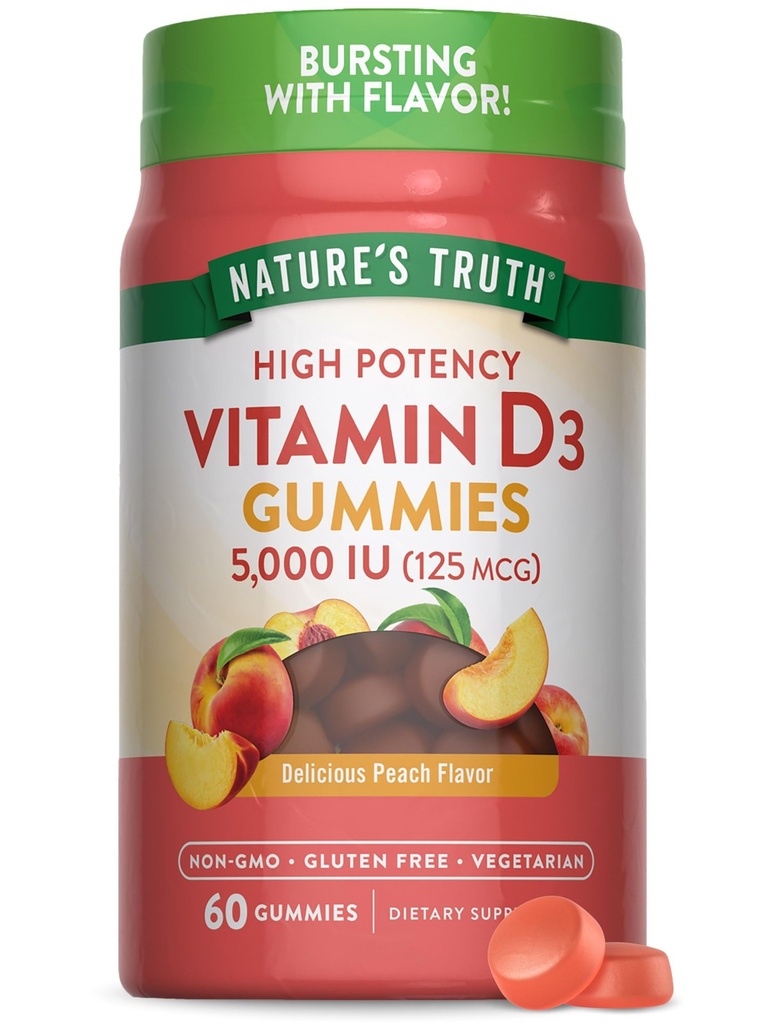 Nature's Truth Vitamin D3 Gummies | 5000 IU | 60 Count | Peach Flavor | Vegetari
