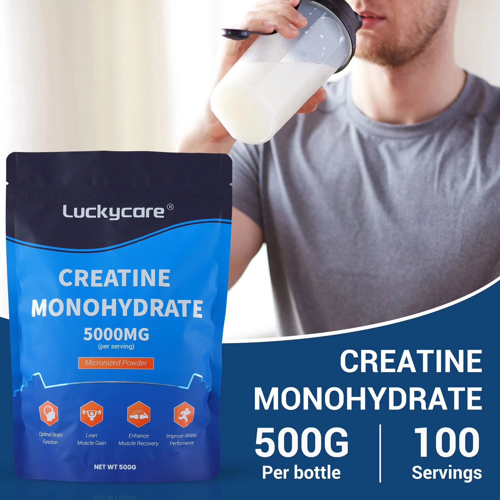 LuckyCare Pure Creatine Monohydrate 500 Gram Powder Micronized - 5g Per Serving