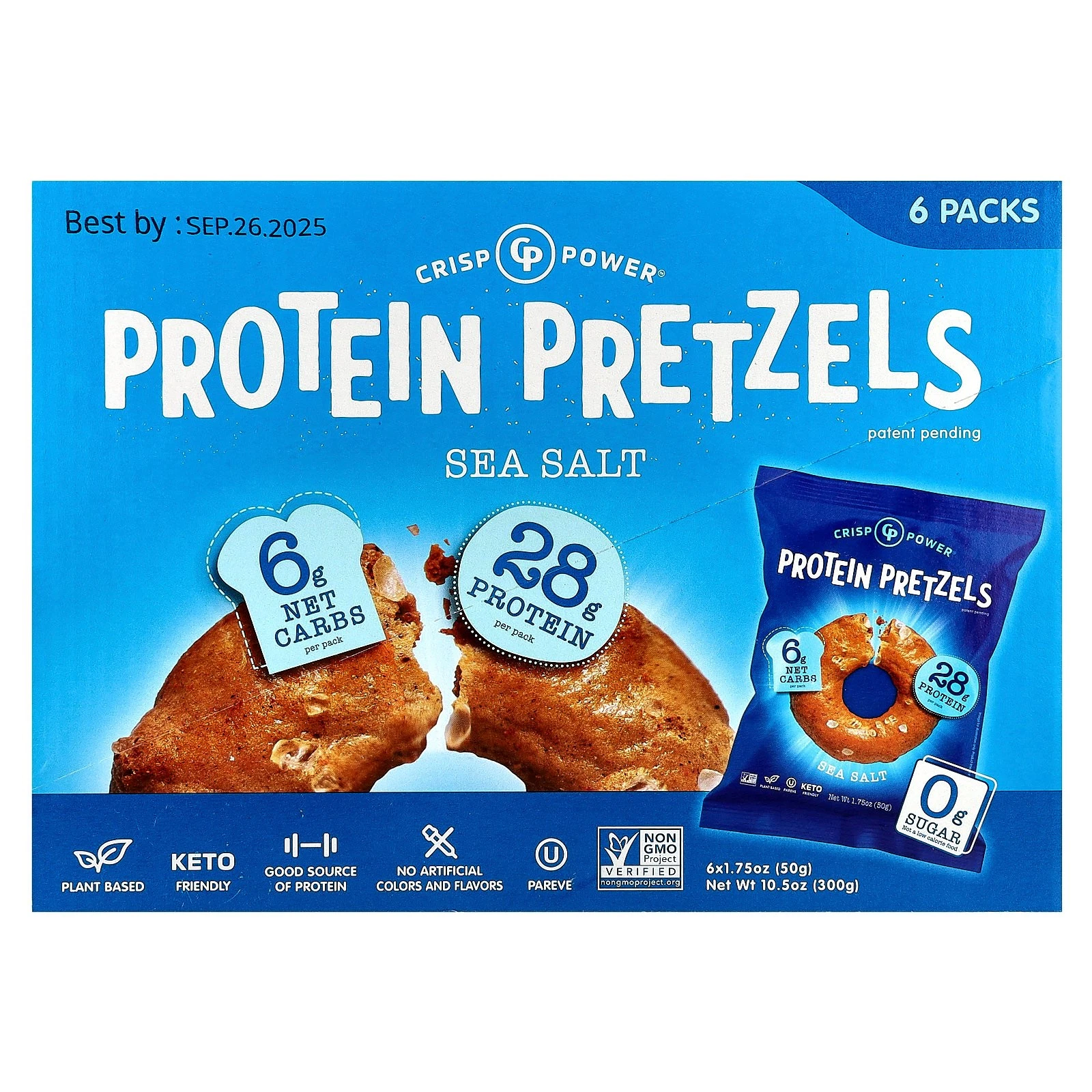 Protein Pretzels, Sea Salt, 6 Bags, 1.75 oz (50 g) Each