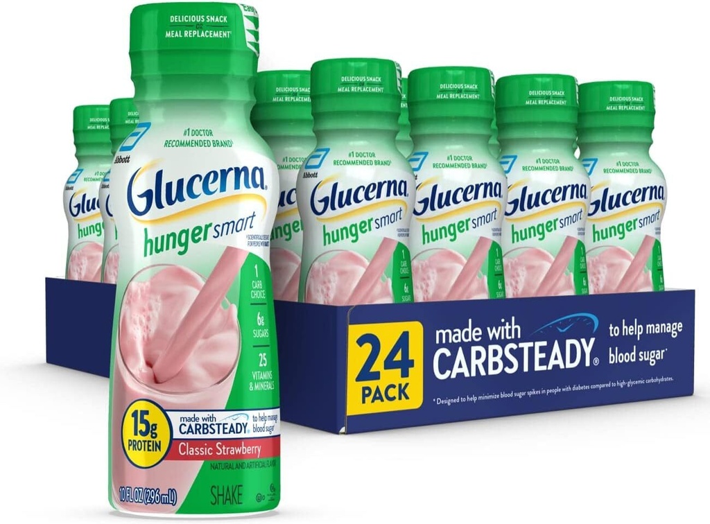 (24 Pack) Glucerna Hunger Smart Diabetic Nutrition Meal Shake, Strawberry, 10 Oz
