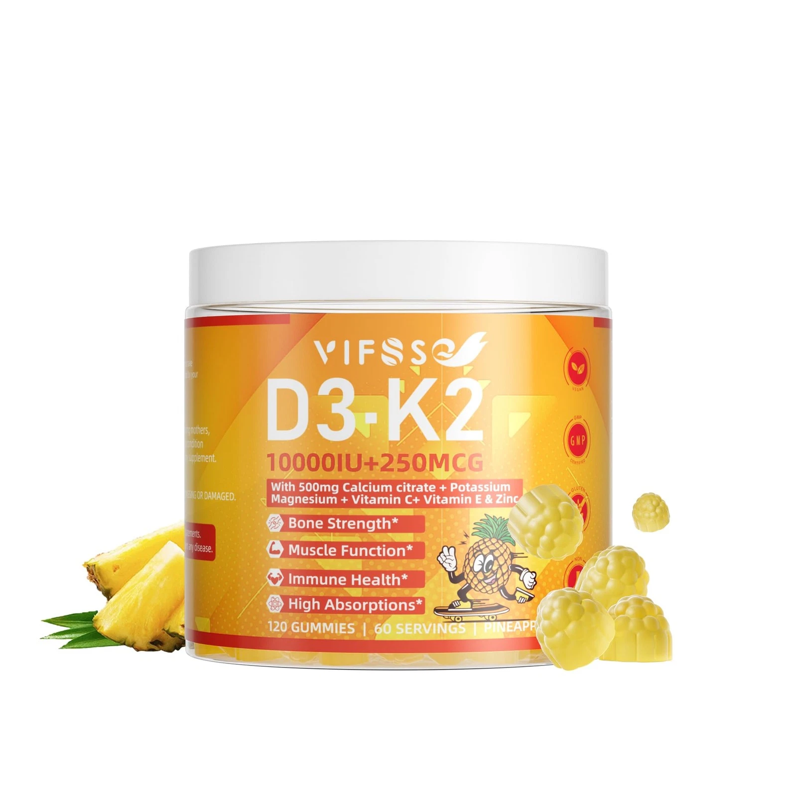 VIFSSG Vitamin D3 K2 Sugar-Free 120 Gummies, Vitamin D3 10,000IU with K2 (MK-7)